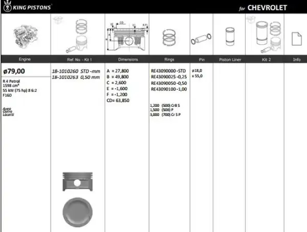 KİNG 181010263 | Piston 79 00 mm 0 50 Chevrolet Aveo Lacetti 1 6 F16d Riken Segmanlı 4 Adet