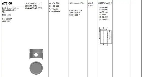 KİNG 198010200 | Piston Kit 77 00 mm Std Opel Optıma Fairway 1 6 C2l Riken Segmanlı 4 Adet