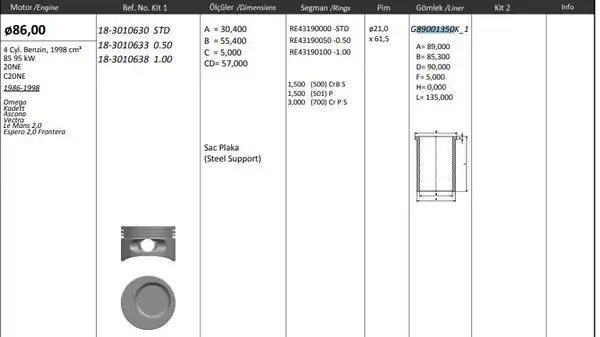 KİNG G89001350K1M | Gomlek Std 86 mm Opel Vectra B X20xev C20ne C20xev X20ne