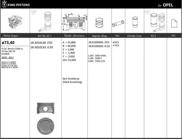 KİNG 18-3010133 | Motor Piston Segmanı 73 40 0 50mm Astra J Aveo II Corsa D Meriva B 1 4 16v 4 Adet