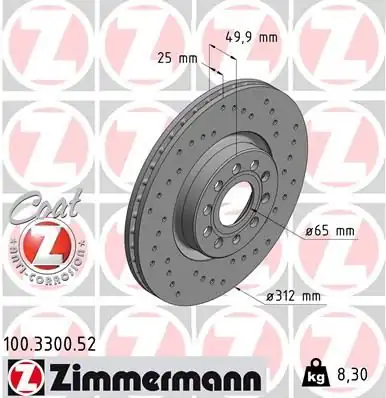 Zimmermann 100 3300 52 Fren Diski Ön Sport VW Touran Passat Golf Caddy A3 Leon Cupra Formentor 2019 2 Adet