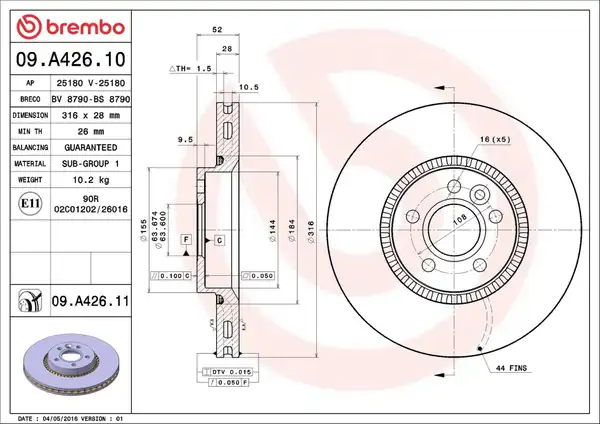 BREMBO 09A42611 | Fren Diski Ön Ford Mondeo Galaxy Volvo S60 S80 V60 V70 Land Rover Freelander 2 07 Cap 316mm Kali Nlik 28mm