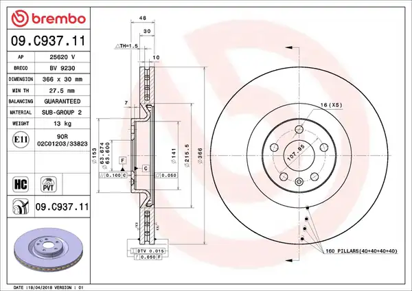 BREMBO 09C93711 | Ön Fren Aynası Volvo Xc90 II 2014 2022 Xc60 II 2018 366 Cap 19 Jant