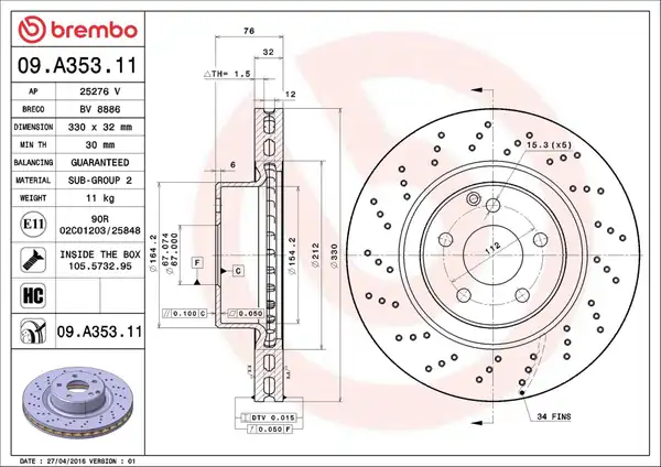 BREMBO 09A35311 | Fren Diski Ön Mercedes S Class W220 98 05