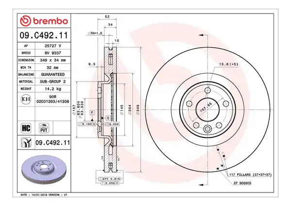 BREMBO 09C49211 | Fren Diski Ön Land Rover Discovery Sport L550 Range Rover Evoque L538 Jaguar E Pace X540