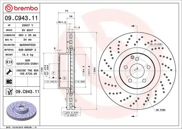 BREMBO 09C94311 | Fren Diski Ön Mercedes S Class W220 S 55 AMG 02 05