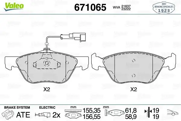 Valeo 671065 Fren Balatası Ön Çift Fişli Wva 21636 Alfa Romeo 166 2 0i 16v 98