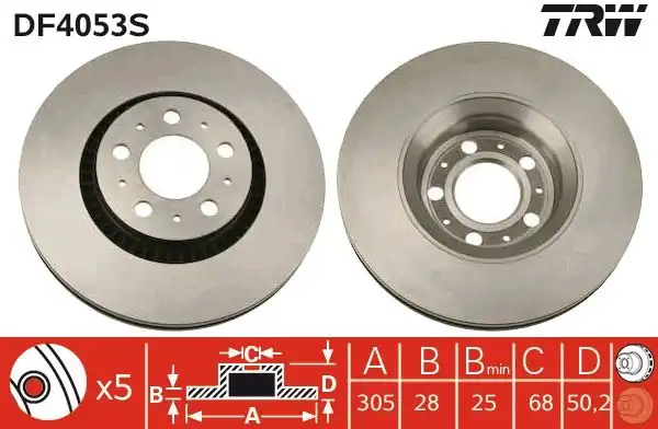 TRW DF4053S | Ön Fren Aynası Volvo S60 00 10 S80 98 06 V70 97 07 Xc70 00 07 305x25x5dlx Büyük Tip Delikli 986478494 Df4053s