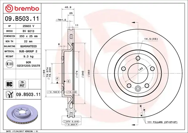 BREMBO 09B50311 | Fren Diski Arka Land Rover Discovery L462 Range Rover L405 L494