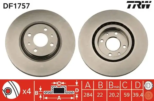 TRW DF1757 | Fren Diski Ön Havalı 284 mm Fiat Coupe 96 00 Multıpla 99 10 Punto 99 12 Alfa Romeo 145 146 155