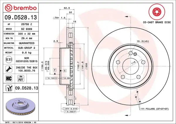 BREMBO 09D52813 | Fren Diski Ön Mercedes W205 S205 C205 A205 W213 S213 C238 A238 X253 C253