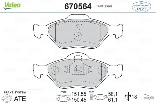 VALEO 670564 | Fren Balata Ön Fiesta IV/V Fusion Ka Mazda 121 III Yaris 01-08 ABSli