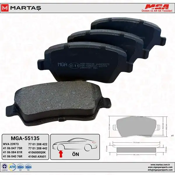 MGA 55135 | Fren Balatası Ön Clio III Duster Dokker Lodgy Logan Modus Megane IV 1 6 16v H4m Micra 03 10 Note 07 11