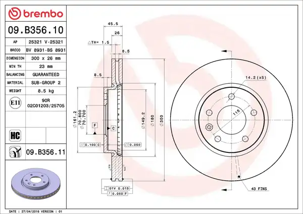 BREMBO 09B35611 | Ön Fren Aynası Insignia B 16 İnç 18 Astra J 09 Zafira C 11 Cruze 09 300x26x5dlxhavali 13502051