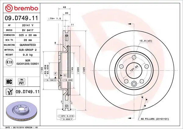 BREMBO 09D74911 | Fren Diski Ön 17 Land Rover Range Rover Velar L560 Jaguar F Pace X761 Xe X760 Xf X260