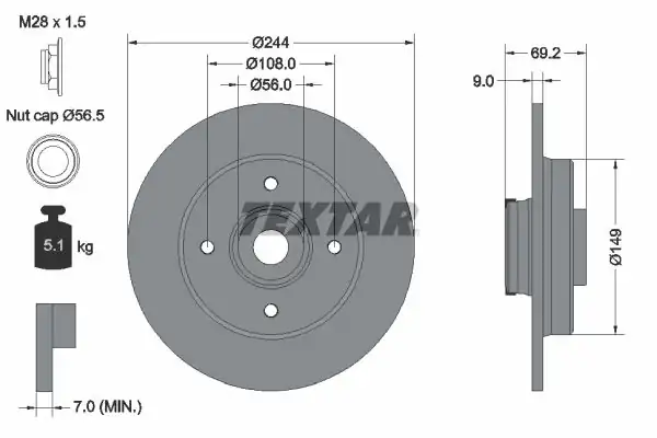 TEXTAR 92305403 | Fren Diski Opel Crossland X 244mm Rulmanlı Arka 2 Adet