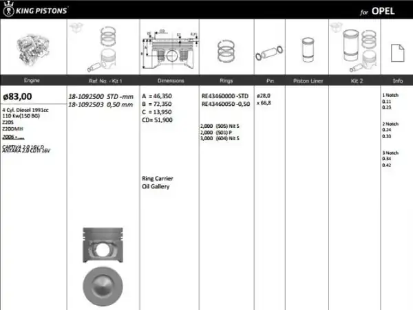 KİNG 181092500 | Piston 83 00 mm Std Chevrolet Antara Captiva Curuze 2 0d 06 Z20s Z20dm 4 Adet