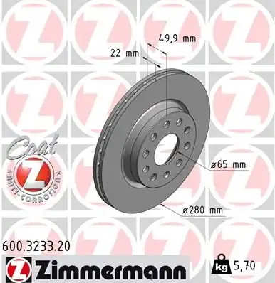 Zimmermann 600 3233 20 VW Golf V Jetta 04 15 Fren Diski Ön Caddy III 280x22 2 Adet