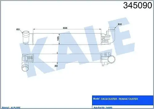 KALE 345090 | Dacia Duster 1 2013- 1.5 dCi 4x4 Turbo Hava Soğutucu (İntercool) Radyatörü