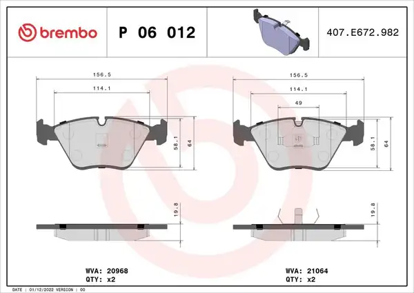 BREMBO P06012 | Fren Balatası Ön Wva 20968 (BMW E32 / E34) Low-Met