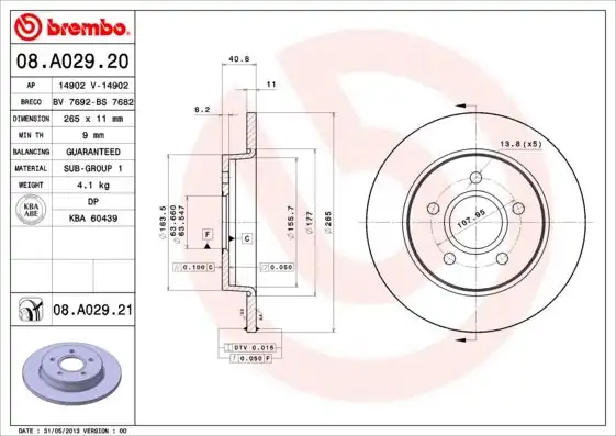 BREMBO 08.A029.20 | Fren Diski Arka (265mm) (Ford Focus Cmax 04 -) | 2 Adet